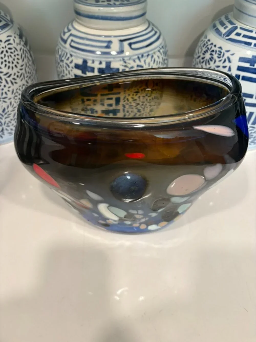 Murano Style Handblown Murrine Art Glass Vase Amber Blue 12”